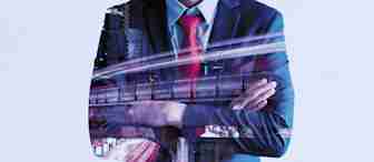 A man in a suit and red tie stands with arms crossed, superimposed with an image of a city skyline and a bridge. The image blends urban elements with the businessman's figure, creating a composite of professional and metropolitan themes.