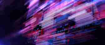 Abstract digital art featuring colorful, horizontal streaks of light and geometric shapes in hues of blue, pink, and purple. The image creates a sense of speed and motion, with overlapping textures and a futuristic aesthetic.