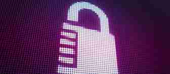 A digital illustration of a padlock made from glowing white dots on a grid of purple and black dots. The grid pattern gives it a pixelated appearance, representing digital security.