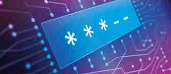 A digital graphic of a password entry field is depicted on a colorful background with circuit board patterns. The field shows three asterisks and two dashes, indicating a partially entered password. The background colors are shades of purple and pink.