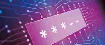 The image shows a digital representation of a password entry field, consisting of a series of asterisks and dashes, against a background filled with interconnected circuits. The colors are primarily shades of blue and purple, giving a futuristic, high-tech feel.