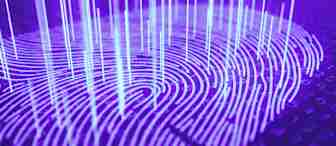 A close-up of a fingerprint depicted with a digital effect, showing blue lines and data streams emanating vertically upward against a dark background with numeric patterns, suggesting the concept of biometric security and digital identification.