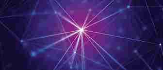 A vibrant digital art piece featuring interconnected blue and purple lines and nodes, with a bright central point. The background transitions from deep purple to blue, creating an abstract, geometric network pattern.