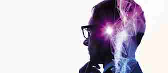 A silhouette of a person wearing glasses, in profile, with their hand on their chin in a thinking pose. The right side of the image features a digital and geometric overlay with a bright light near the person's forehead, suggesting technology and innovation.