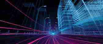 A futuristic cityscape depicted in neon wireframe with skyscrapers shown in blue and magenta lines. Pink and blue light trails create a dynamic perspective leading into the horizon, suggesting motion and speed, against a dark background.