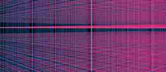 A digital artwork featuring a complex grid of intersecting pink, blue, and black lines forming a 3D perspective. The lines create a sense of depth, converging towards the center, with varying thickness and spacing, giving an abstract and futuristic feel.