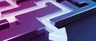 A close-up image of a metallic maze with smooth, polished surfaces. The maze is displayed in shades of purple and blue. A white arrow is seen pointing through the maze, indicating a path.
