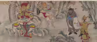 A traditional Chinese painting depicts armored warriors, one seated with a sword, while others stand nearby. A robed man with a black beard and hat presents a scroll, surrounded by trees and rocky landscape.
