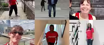 A collage of six photos shows different people wearing red shirts. They are in various locations: on a path outdoors, a city square, in front of a stone wall, with a cityscape background, walking up stairs indoors, and standing at the bottom of a staircase.