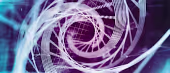 A dynamic abstract image featuring intertwined spirals and grid lines in white against a gradient purple and blue background. The intricate design creates a sense of motion and depth, resembling a complex digital or futuristic construct.