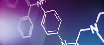 Abstract representation of a chemical structure on a gradient purple and blue background. The molecular diagram features various bonded elements and hexagonal shapes, highlighting nitrogen (N) and amine (NH) groups.