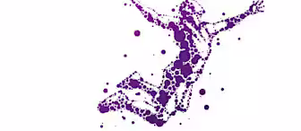 Abstract image of a volleyball player made up of purple dots. The player is mid-air, reaching upwards with one arm extended to hit a ball. The white background highlights the dynamic form and energy of the figure, giving a sense of motion and athleticism.