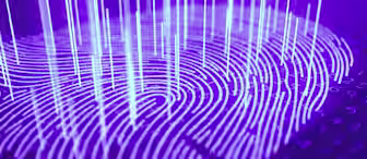 A close-up of a fingerprint depicted with a digital effect, showing blue lines and data streams emanating vertically upward against a dark background with numeric patterns, suggesting the concept of biometric security and digital identification.