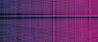 A digital artwork featuring a complex grid of intersecting pink, blue, and black lines forming a 3D perspective. The lines create a sense of depth, converging towards the center, with varying thickness and spacing, giving an abstract and futuristic feel.