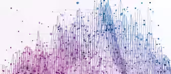An abstract digital illustration featuring interconnected lines and dots. The composition transitions from a pink hue on the left to a blue hue on the right, creating a gradient effect. Peaks and valleys formed by lines resemble a data graph or network connectivity map.