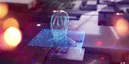 A digital 3D rendering of a transparent human head floats over a glowing blue square amidst a futuristic, abstract technological background. Surrounding lights and sparks create a dynamic, high-tech atmosphere.