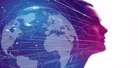Double exposure image depicting a woman's profile on the right side merged with a digital blue world map on the left side, overlaid with lines and dots representing global connectivity and technology. The background transitions from dark blue to white.