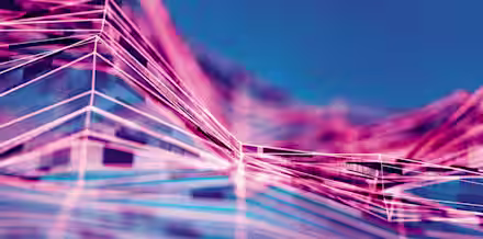 A digital abstract image featuring a dynamic landscape of interconnected lines and geometric shapes in neon pink and purple hues, set against a blue background. The image evokes a futuristic, tech-inspired aesthetic.