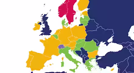 A color-coded map of Europe highlights countries in different colors: red for Scandinavia and Iceland, orange for Western Europe, green for parts of Eastern Europe, purple for a central country, and blue for others.