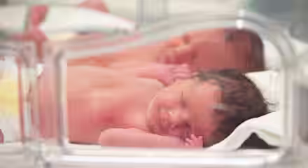 Two newborn babies lie next to each other in a neonatal incubator, wrapped in white blankets. Their eyes are closed, and they appear to be sleeping peacefully. The incubator has a clear plastic casing.