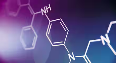 Abstract representation of a chemical structure on a gradient purple and blue background. The molecular diagram features various bonded elements and hexagonal shapes, highlighting nitrogen (N) and amine (NH) groups.