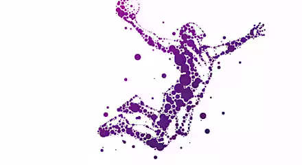 Abstract image of a volleyball player made up of purple dots. The player is mid-air, reaching upwards with one arm extended to hit a ball. The white background highlights the dynamic form and energy of the figure, giving a sense of motion and athleticism.