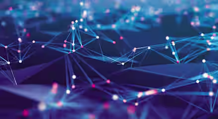 Abstract digital image depicting a network of interconnected nodes and lines against a blue gradient background, representing data flow or communication networks. Bright spots of light highlight the connections, creating a futuristic, tech-inspired visual.