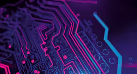 A close-up of a futuristic electronic circuit board, featuring neon pink and blue lines and dots against a dark purple background. The design highlights interconnected pathways and components, giving a high-tech, digital feel.