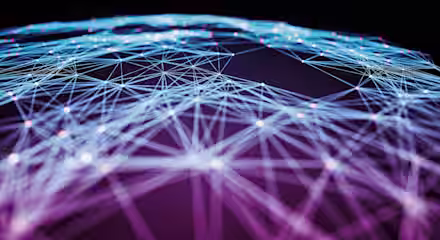 A dark background with a web of interconnected blue and purple lines forming a network. Numerous glowing white nodes are scattered throughout the web, creating a complex, geometric pattern that suggests a digital or technological theme.