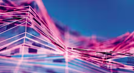 A digital abstract image featuring a dynamic landscape of interconnected lines and geometric shapes in neon pink and purple hues, set against a blue background. The image evokes a futuristic, tech-inspired aesthetic.