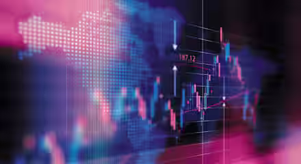 A vibrant digital graphic featuring a world map overlayed with candlestick charts and data points. The map is depicted with a blue and pink color scheme, and arrows indicate various stock prices and trends, set against a blurred, futuristic background.