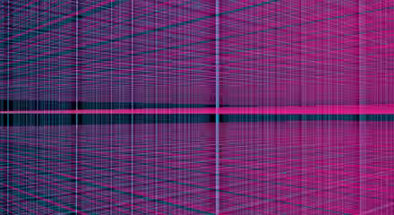 A digital artwork featuring a complex grid of intersecting pink, blue, and black lines forming a 3D perspective. The lines create a sense of depth, converging towards the center, with varying thickness and spacing, giving an abstract and futuristic feel.