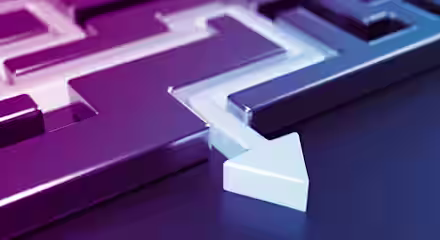 A close-up image of a metallic maze with smooth, polished surfaces. The maze is displayed in shades of purple and blue. A white arrow is seen pointing through the maze, indicating a path.