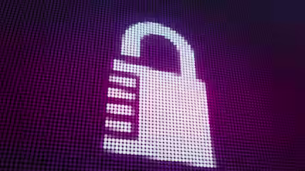 A digital illustration of a padlock made from glowing white dots on a grid of purple and black dots. The grid pattern gives it a pixelated appearance, representing digital security.