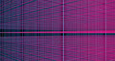 A digital artwork featuring a complex grid of intersecting pink, blue, and black lines forming a 3D perspective. The lines create a sense of depth, converging towards the center, with varying thickness and spacing, giving an abstract and futuristic feel.