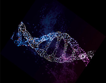 A digital illustration of a DNA double helix strand on a dark background. The helix is composed of glowing, colorful particles, with the left side predominantly blue and the right side transforming into pink and purple hues, creating an abstract, high-tech feel.