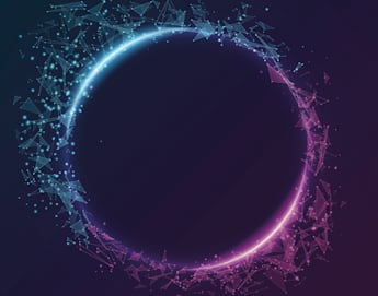 A digital, abstract circular shape formed by small, fragmented particles in shades of blue and purple against a dark background. The particles originate from opposite sides of the circle and create a sense of motion and energy as they converge to form the shape.