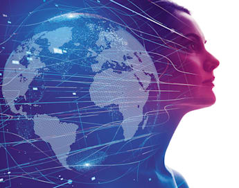 Double exposure image depicting a woman's profile on the right side merged with a digital blue world map on the left side, overlaid with lines and dots representing global connectivity and technology. The background transitions from dark blue to white.