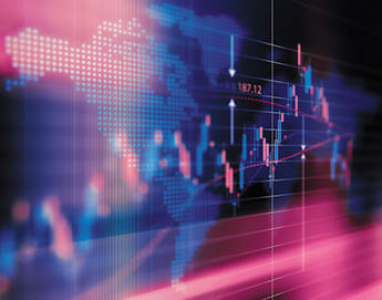 A vibrant digital graphic featuring a world map overlayed with candlestick charts and data points. The map is depicted with a blue and pink color scheme, and arrows indicate various stock prices and trends, set against a blurred, futuristic background.