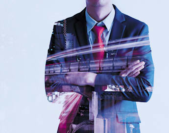 A man in a suit and red tie stands with arms crossed, superimposed with an image of a city skyline and a bridge. The image blends urban elements with the businessman's figure, creating a composite of professional and metropolitan themes.