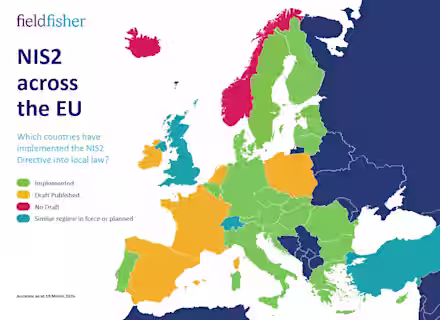 A map of Europe showing the NIS2 Directive implementation status by country, with colors indicating implemented, draft published, no draft, and similar regime planned, as of March 19, 2024.