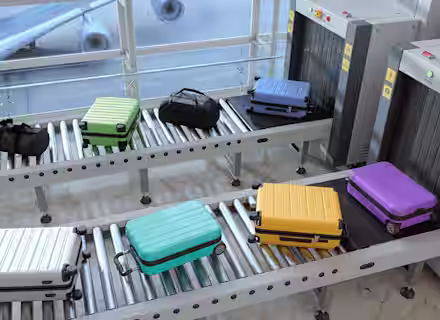 Luggage on an airport conveyor belt going through security scanners. The suitcases are colorful, including green, blue, purple, yellow, and white. An airplane is visible through the large windows in the background.