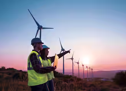 Two engineers wearing safety helmets and reflective vests stand in front of several wind turbines at sunset. One holds a laptop while the other points towards the wind farm. The sky is a blend of pink, orange, and blue hues.