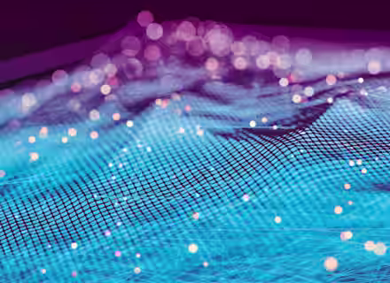 A vivid digital illustration blending grids, bright light dots, and wave-like patterns in shades of blue, purple, and pink. It gives an impression of a futuristic or technological landscape, with interconnected nodes and a dynamic, flowing design.