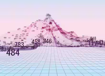 A 3D render of a mountainous landscape with a grid overlay, filled with various numerical values. The background fades from light blue at the horizon to pink at the top. The numbers range from double to triple digits and are dispersed throughout the terrain.