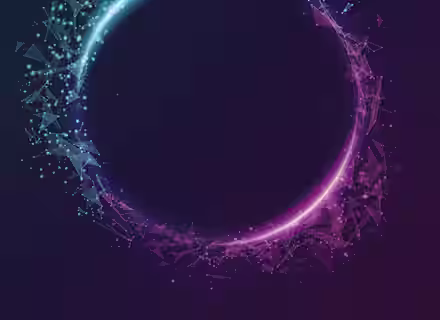A digital, abstract circular shape formed by small, fragmented particles in shades of blue and purple against a dark background. The particles originate from opposite sides of the circle and create a sense of motion and energy as they converge to form the shape.