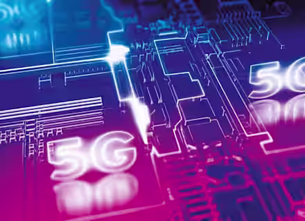 Image of a colorful circuit board illuminated with neon blue and pink lights, featuring prominent "5G" text symbols, representing advanced technology and high-speed telecommunications.