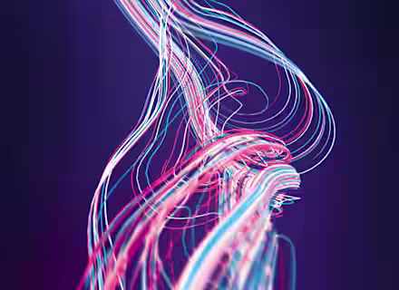 Abstract digital art featuring colorful, flowing lines of blue, pink, and white against a dark background. The lines twist and intertwine, creating a dynamic, fluid motion that conveys a sense of energy and movement.