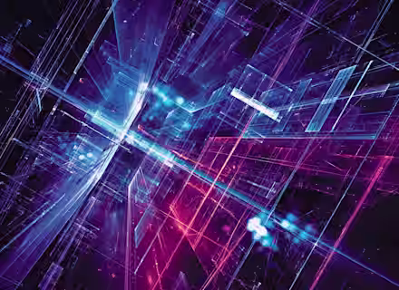 A digital abstract image featuring a complex array of intersecting lines, resembling a futuristic cityscape or data network. The image is dominated by hues of blue and pink, creating a dynamic and vibrant visual effect with a sense of depth and motion.