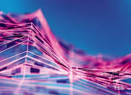 A digital abstract image featuring a dynamic landscape of interconnected lines and geometric shapes in neon pink and purple hues, set against a blue background. The image evokes a futuristic, tech-inspired aesthetic.